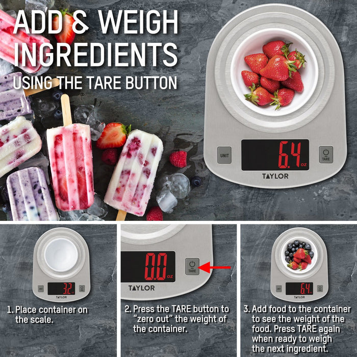 Stainless steel digital kitchen scale with a bowl of strawberries on the weighing surface