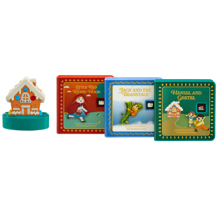 Set of fairy tale books with corresponding miniature house on a white background