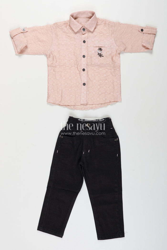 The Nesavu Boys Casual Set Toddler boys cotton blend shirt and pant set for casual outings Nesavu Nesavu toddler boys casual shirt and pant set in beige and black perfect for parties and everyday wear