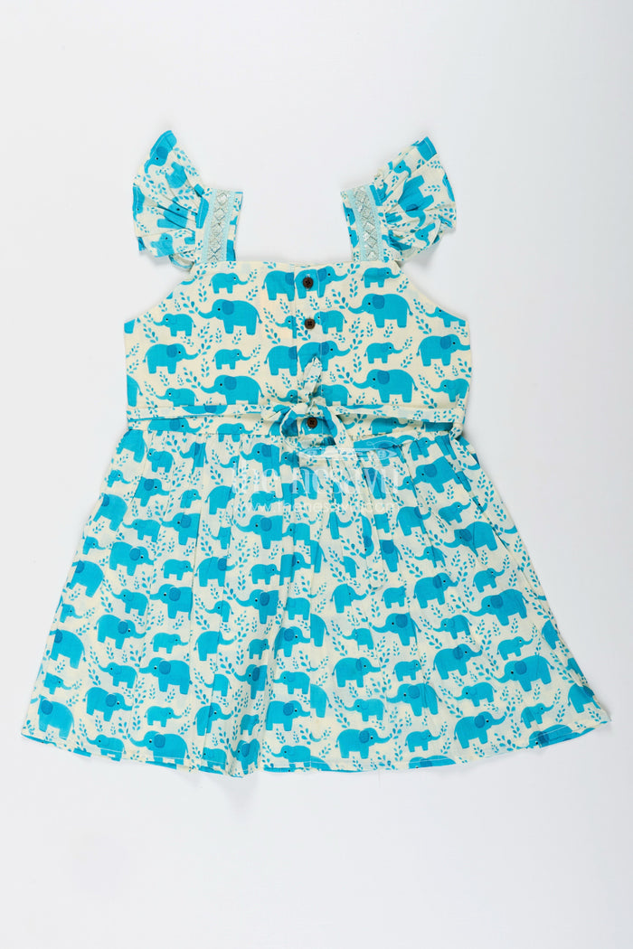 The Nesavu Girls Cotton Frock Toddler Girl Cotton Frock with Teal Elephant Print Nesavu Nesavu toddler girl cotton frock teal elephant print flutter sleeves casual days