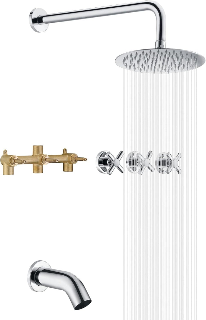 Tub/Shower Faucet w/ Valve , 3 Handle , Round 8" Shower Head , 12" Shower Arm , 7" Tub Spout , Polished Chrome