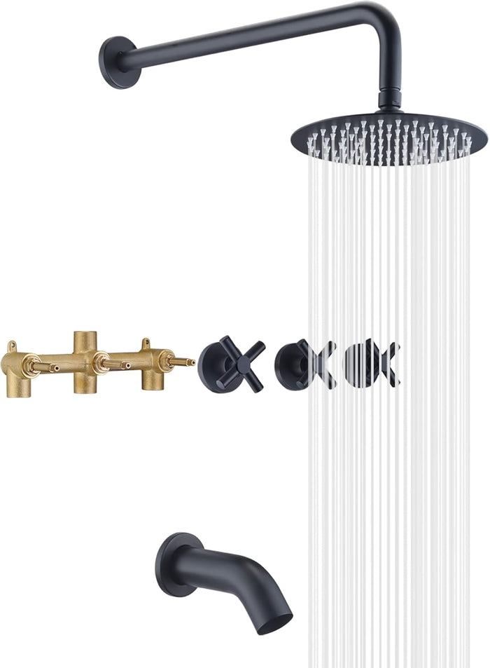 Tub/Shower Faucet w/ Valve , 3 Handle , Round 8" Shower Head , 12" Shower Arm , 7" Tub Spout , Matte Black