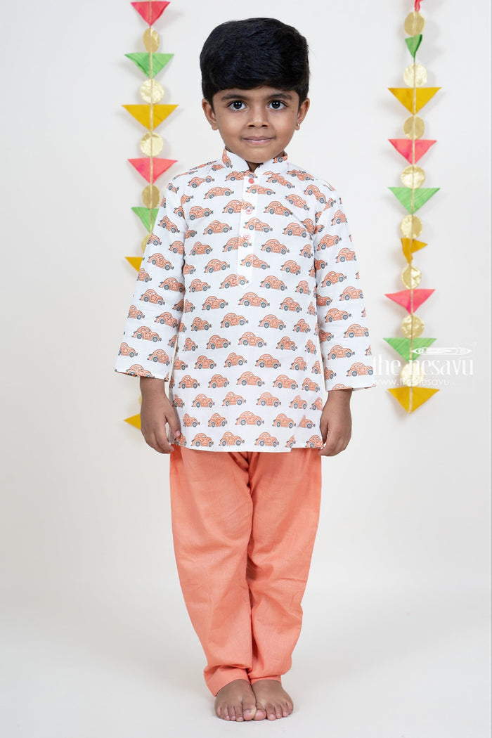 The Nesavu Boys Kurtha Set White Car Printed Cotton Kurta For Baby Boys With Orange Pant Nesavu Cotton Printed Kurta Suit For Boys Online | Traditional Indian Ethnics | The Nesavu