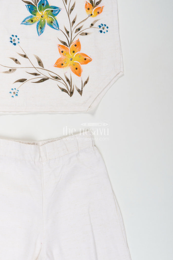 The Nesavu Girls Sharara / Plazo Set White floral print kurti and pant set for girls for festive summer wear Nesavu Nesavu white floral digital print kurti with pant set for girls ethnic wear for summer occasions