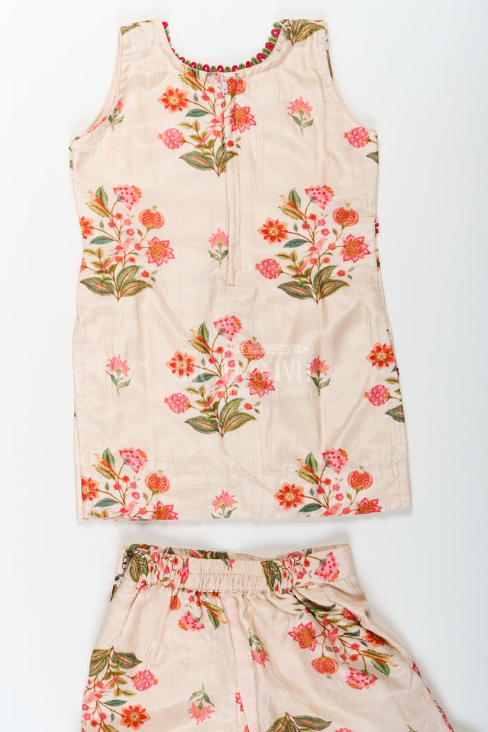 The Nesavu Girls Sharara / Plazo Set White Palazzo Suit for Girls in Floral Digital Print Viscose Silk with Flared Bottoms and Dupatta Nesavu Nesavu White Palazzo Suit for Girls with Floral Digital Print in Viscose Silk and Matching Dupatta