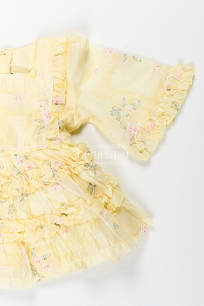 The Nesavu Baby Frocks Yellow Baby Girl Frock with Floral Print and Ruffles Cotton Dress Nesavu Nesavu Yellow Baby Girl Frock Floral Print Ruffles Cotton Dress Summer Photoshoots