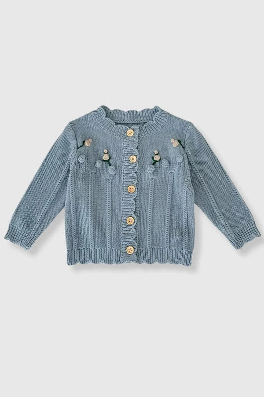 100% Cotton Knit Sweater Cardigan with Floral Embroidery - Blue