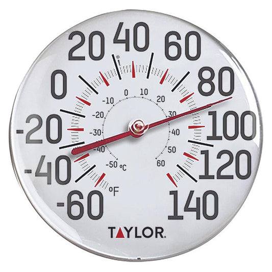 12 inch round metal patio thermometer with bold Fahrenheit numbers and Taylor logo