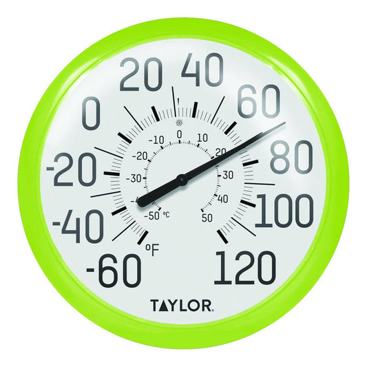 13.25 inch Big and Bold outdoor thermometer in lime green with large black numerals