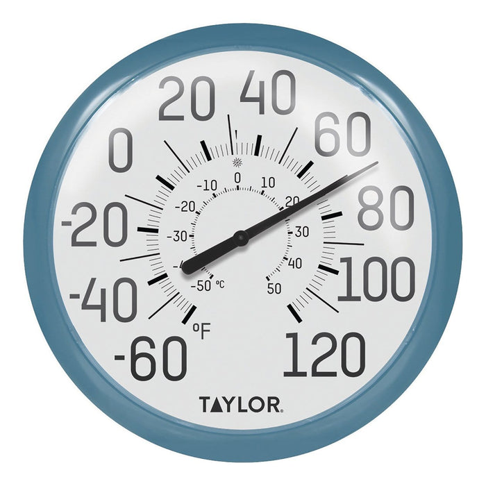 Front view of a 13.25 inch Big & Bold Dial Outdoor Thermometer with a blue frame.
