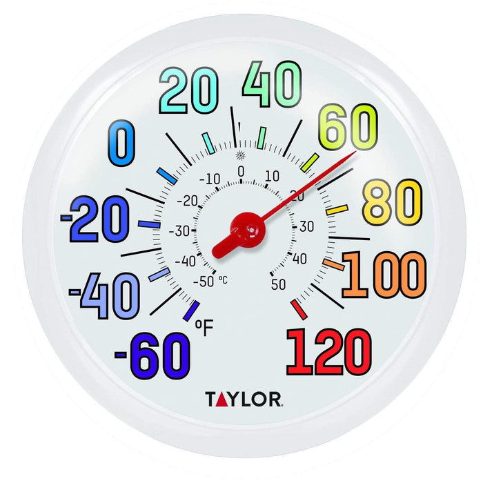 13.25 inch Color Track Dial Thermometer with multicolored numbers and red needle