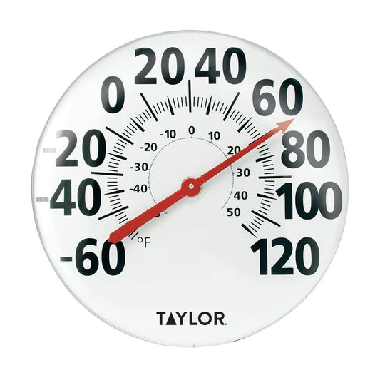 Close-up of an 18 inch round metal patio thermometer showing large bold Fahrenheit numbers on white face