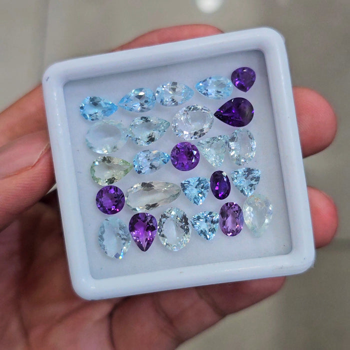 23.8cts Of  Natural Amethyst, Blue Topaz, White Topaz Faceted Gemstone  | Mix | Size: 5-11mm | 25pcs - The LabradoriteKing