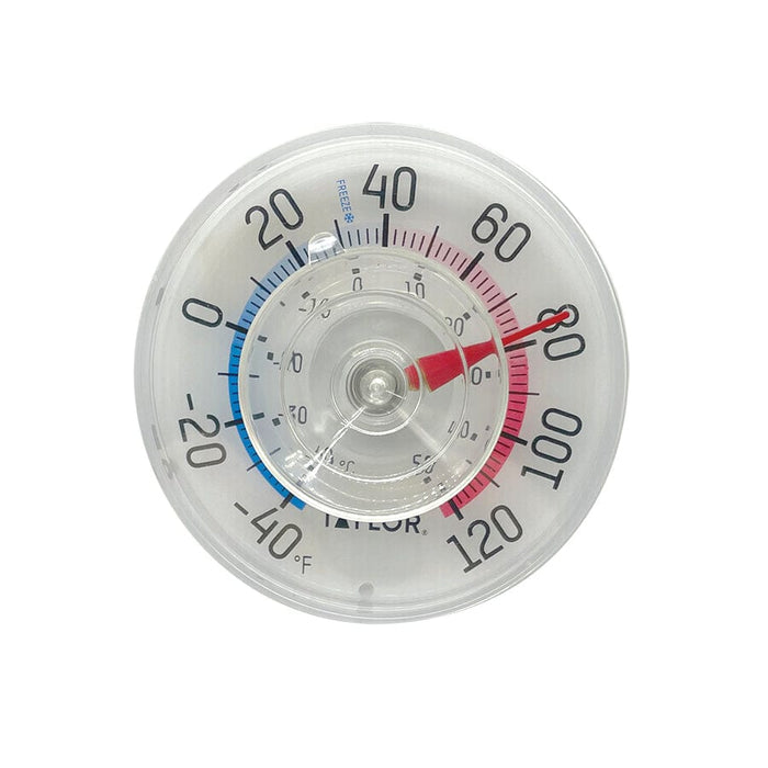 Three and a half inch suction cup dial thermometer with blue cold and red hot temperature scales