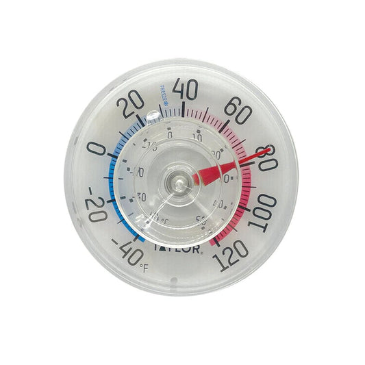 Three and a half inch suction cup dial thermometer with blue cold and red hot temperature scales