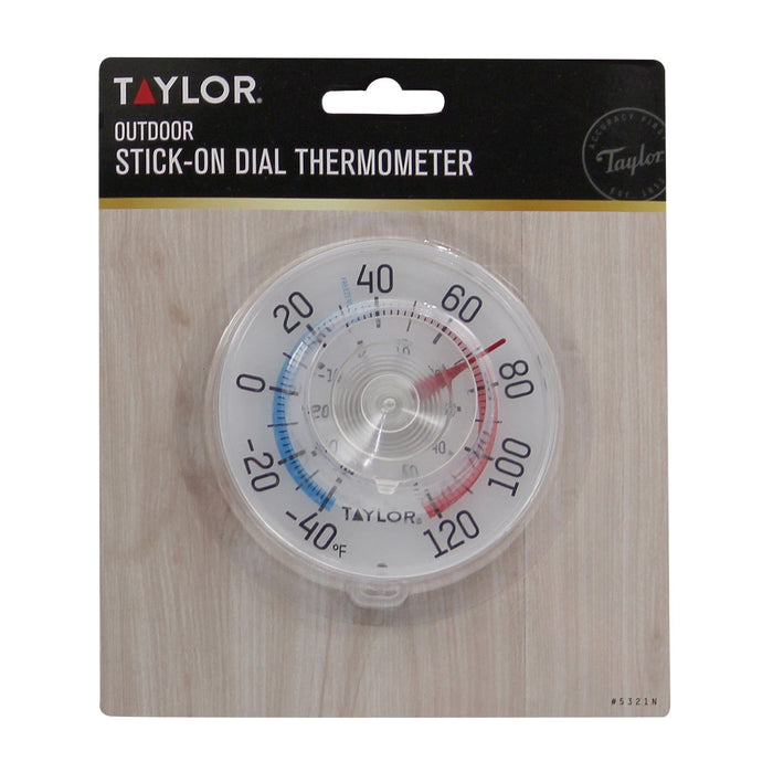 Outdoor stick-on dial thermometer on packaging showing a round dial with blue and red temperature scales
