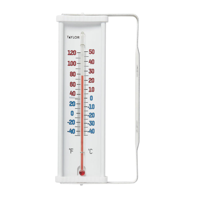 8 by 2.5 inch window thermometer with white frame and dual Fahrenheit and Celsius scales