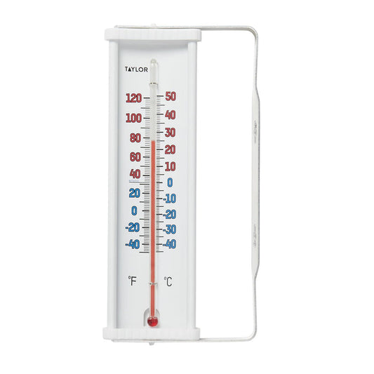 8 by 2.5 inch window thermometer with white frame and dual Fahrenheit and Celsius scales