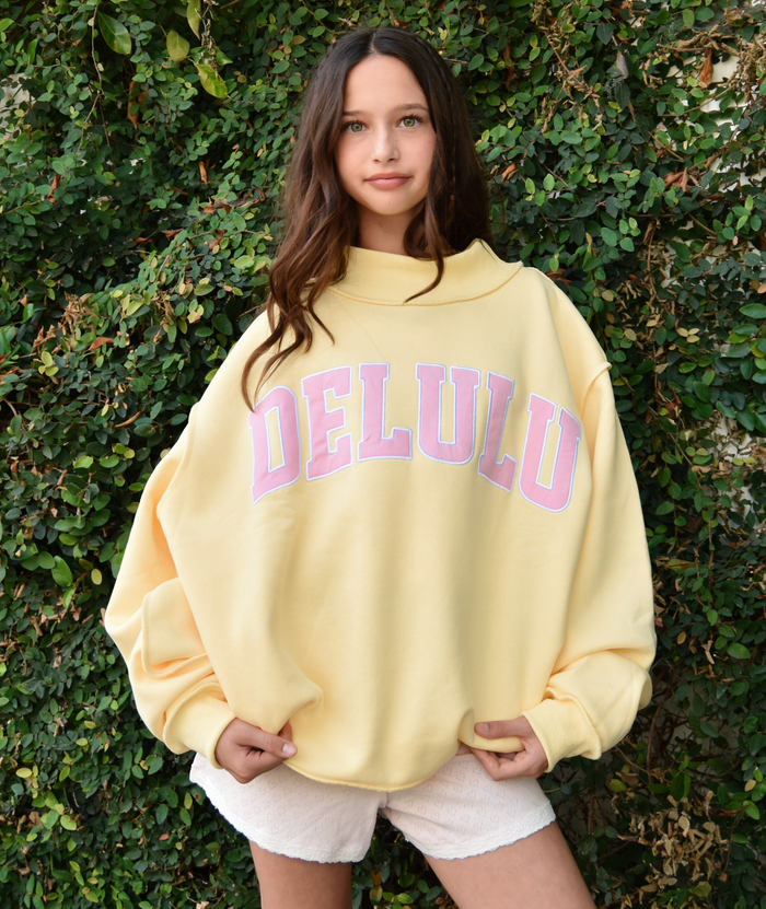 8apart Women Delulu Mock Neck Crew Sweatshirt Distressed/seasonal womens 8apart Yellow Juniors/Women S/M