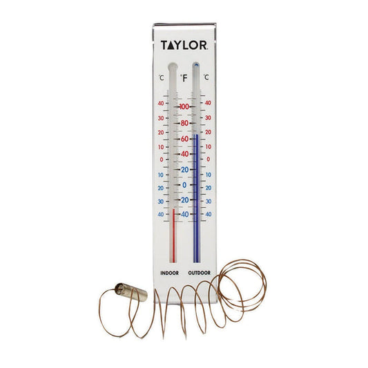 Taylor 9.75 by 1.25 inch indoor outdoor thermometer with dual tubes and coiled sensor.