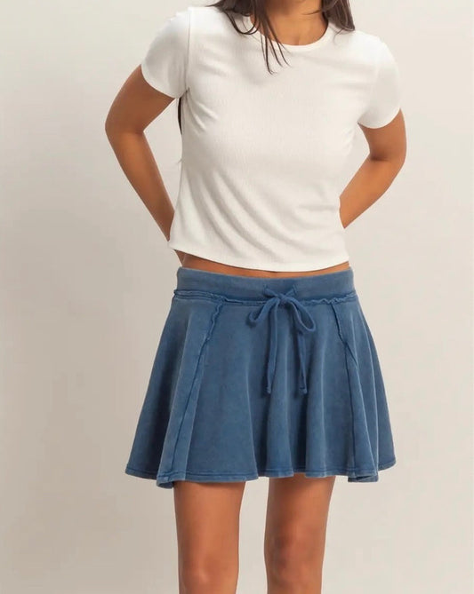 Acid Washed Mid-Waist Flowy Skort- Navy