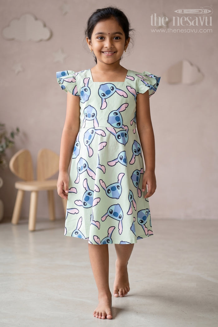 The Nesavu Girls Cotton Frock Adorable Girls Pure Cotton Frock with Playful Cartoon Print and Cap Sleeves Nesavu 16 (1Y) / Green GFC1556A-16 Girls Pure Cotton Frock Cartoon Print Cap Sleeves Relaxed Fit | The Nesavu