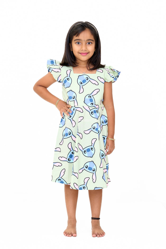 The Nesavu Girls Cotton Frock Adorable Girls Pure Cotton Frock with Playful Cartoon Print and Cap Sleeves Nesavu 16 (1Y) / Green GFC1556A-16 Nesavu Girls Pure Cotton Frock Cartoon Print Cap Sleeves Relaxed Fit