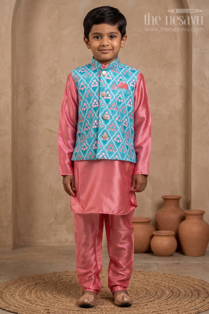 The Nesavu Boys Jacket Sets Party Readystunning Evergreen Combo Of Pink with Sea Green Kurta Set with Overcoat for Boys Nesavu 20 (3Y) / Pink / Silk Blend BES239-20 Festive Kurta Set For Boys | The Nesavu