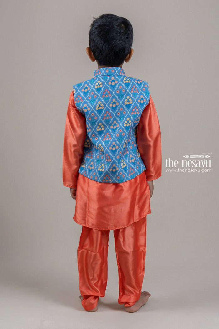 The Nesavu Boys Jacket Sets Adorable Orange Boys Kurta Set With Blue Floral Printed OverCoat Nesavu Premium Festive Kurta Set For Boys | Boys Kurta Online | The Nesavu