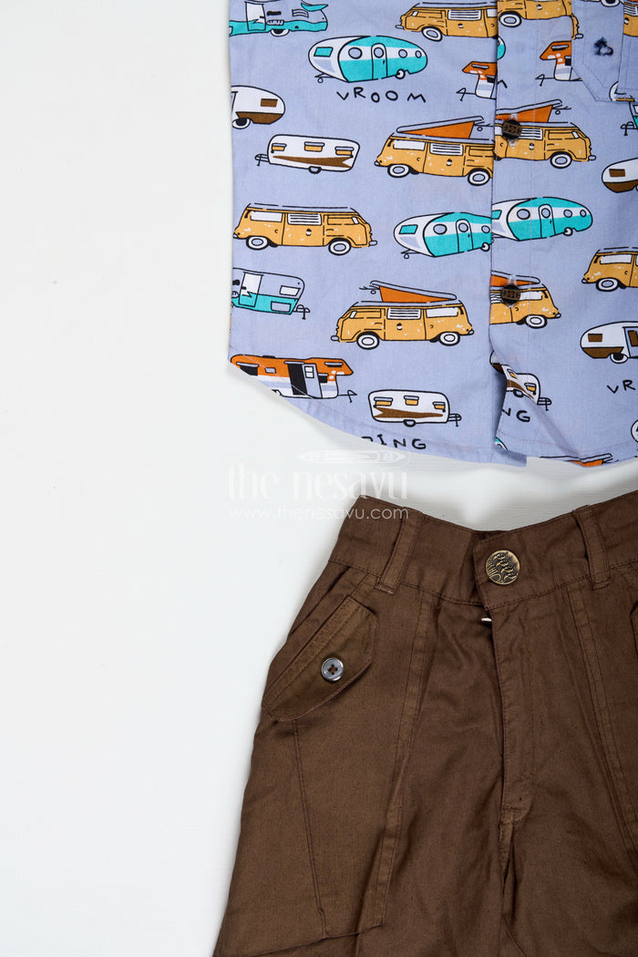 The Nesavu Boys Casual Set Adventure Theme Shirt and Shorts Outfit for Baby Boys Nesavu Nesavu Boys Travel Graphic Cotton Set Shirt Shorts Cap Accessories Toddler Explorers