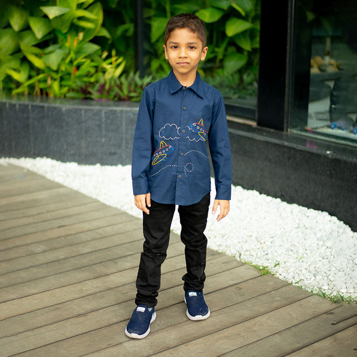 Aeroplane Embroidered Organic Cotton Shirt - Navy (1-14 Years)