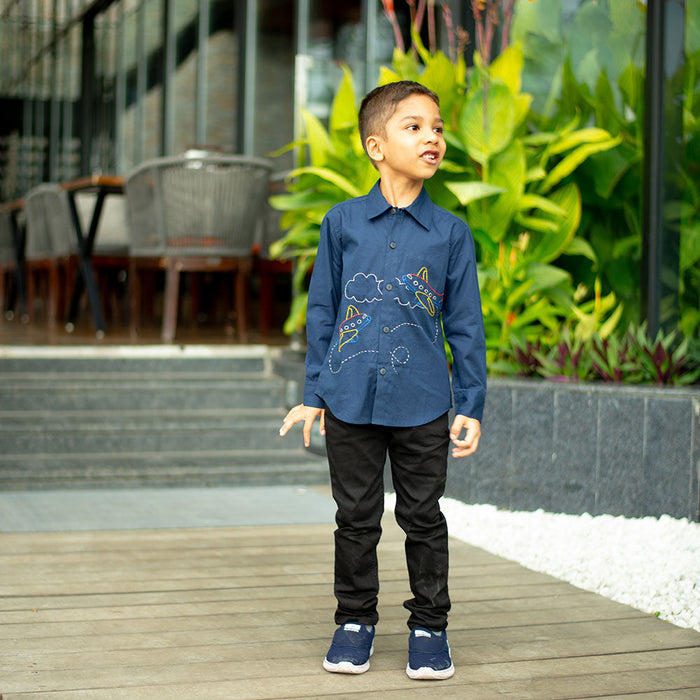 Aeroplane Embroidered Organic Cotton Shirt - Navy (1-14 Years)