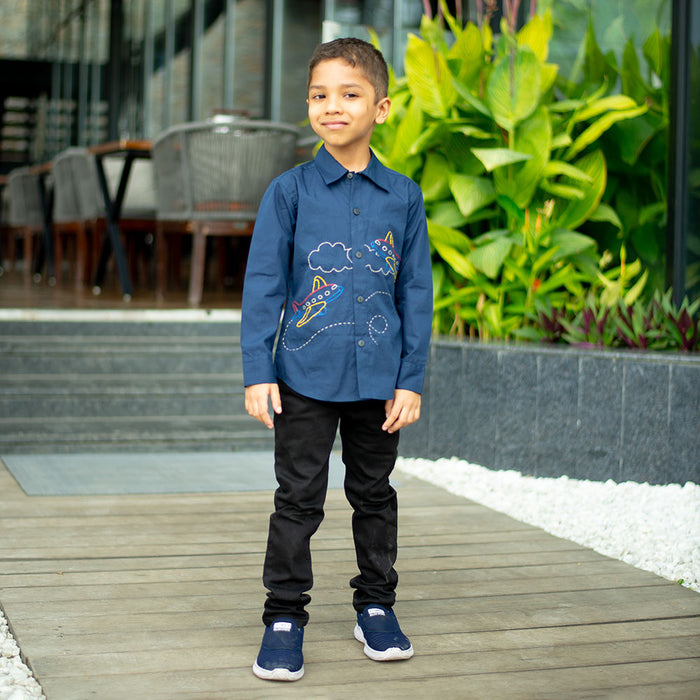 Aeroplane Embroidered Shirt - Navy (1-10 Years)