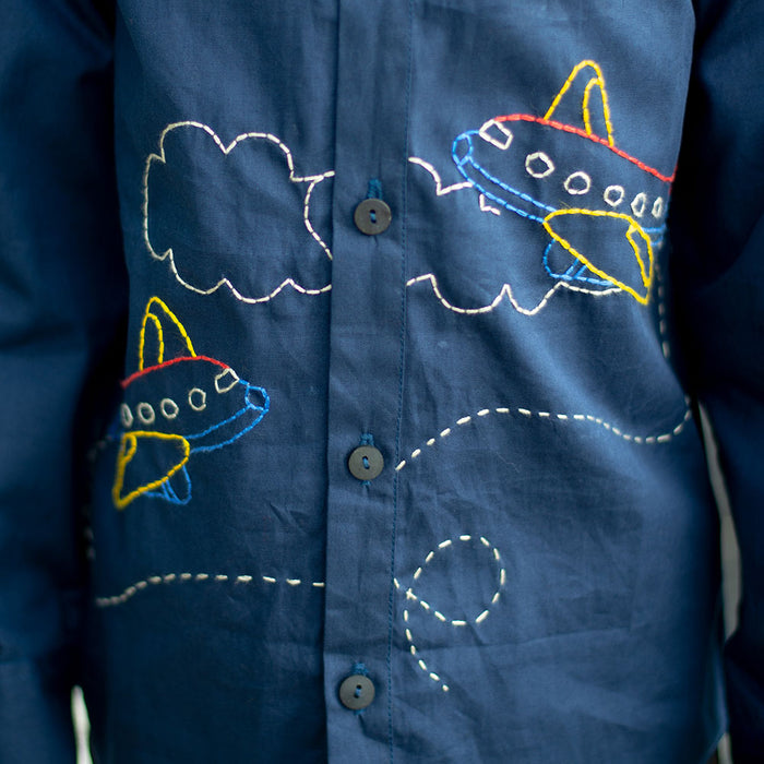 Aeroplane Embroidered Shirt - Navy (1-10 Years)