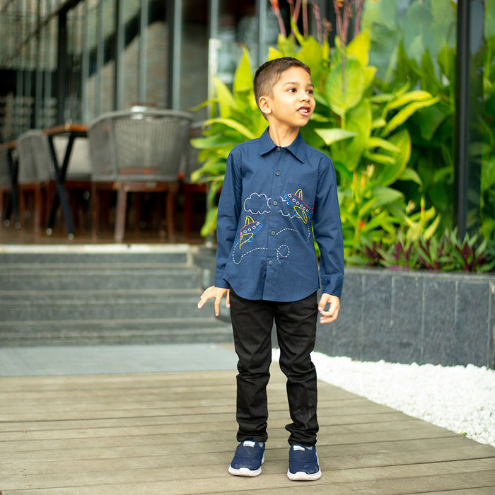 Aeroplane Embroidered Shirt - Navy (1-10 Years)