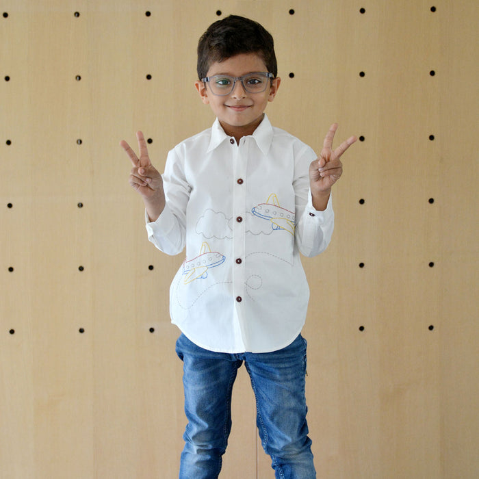 Aeroplane Embroidered Shirt - White (1-10 Years)