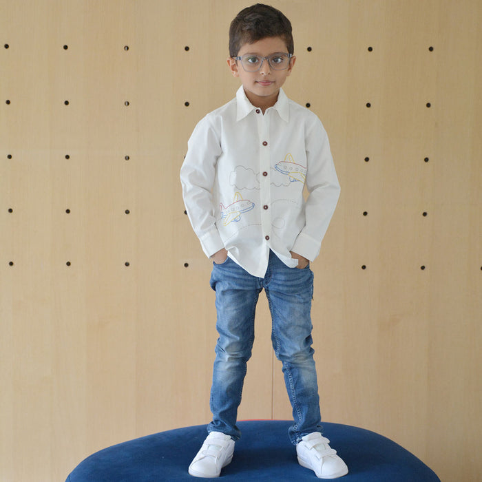 Aeroplane Embroidered Shirt - White (1-10 Years)