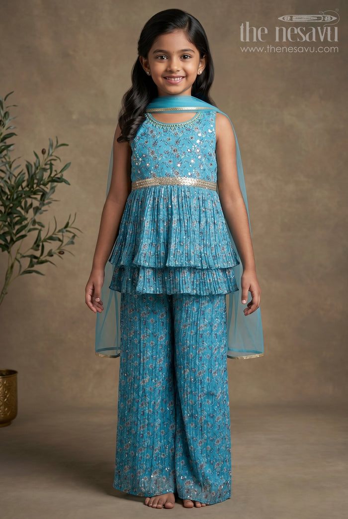 The Nesavu Girls Sharara / Plazo Set All-Over Floral Printed Layered Peplum Blue Kurti and Palazzo Pant for Girls with Organza Dupatta Nesavu 16 (1Y) / Blue / Georgette GPS128B-16 All-Over Floral Printed Layered Peplum Blue Kurti and Palazzo Pant for Girls | The Nesavu