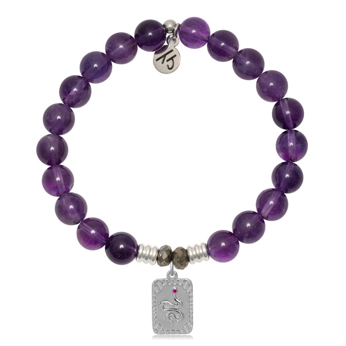 Amethyst Gemstone Bracelet with Snake Sterling Silver Charm