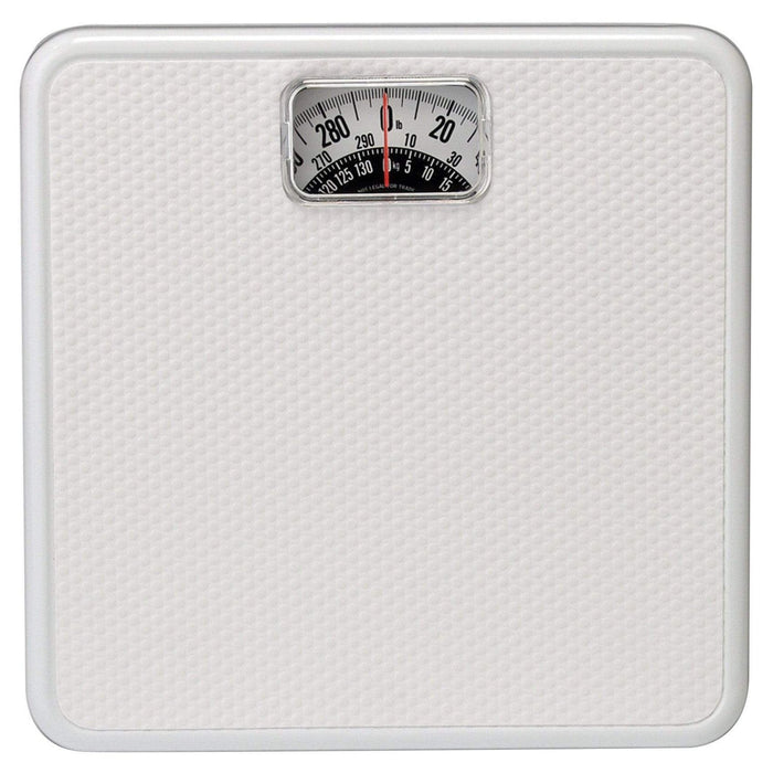Analog bathroom scale with white textured surface and small central dial