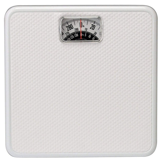 Analog bathroom scale with white textured surface and small central dial