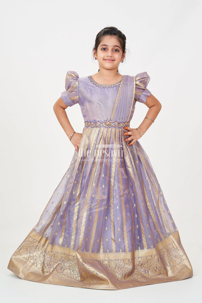 The Nesavu Girls Silk Gown Anarkali Long Frock for Girls in Rich Banarasi Tissue Silk with Golden Brocade Borders Nesavu Nesavu Anarkali Long Frock Girls Banarasi Tissue Silk Golden Borders Dupatta