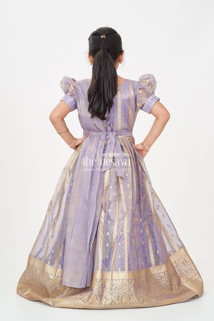 The Nesavu Girls Silk Gown Anarkali Long Frock for Girls in Rich Banarasi Tissue Silk with Golden Brocade Borders Nesavu Nesavu Anarkali Long Frock Girls Banarasi Tissue Silk Golden Borders Dupatta