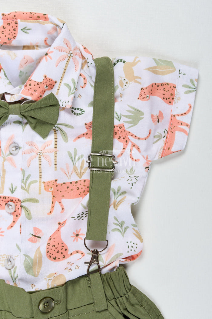 The Nesavu Boys Casual Set Animal Print Baby Boy Shirt with Olive Green Shorts and Matching Bow Tie for Smart Daywear Nesavu Nesavu Animal Print Baby Boy Shirt Set Olive Green Shorts Cotton Bow Tie