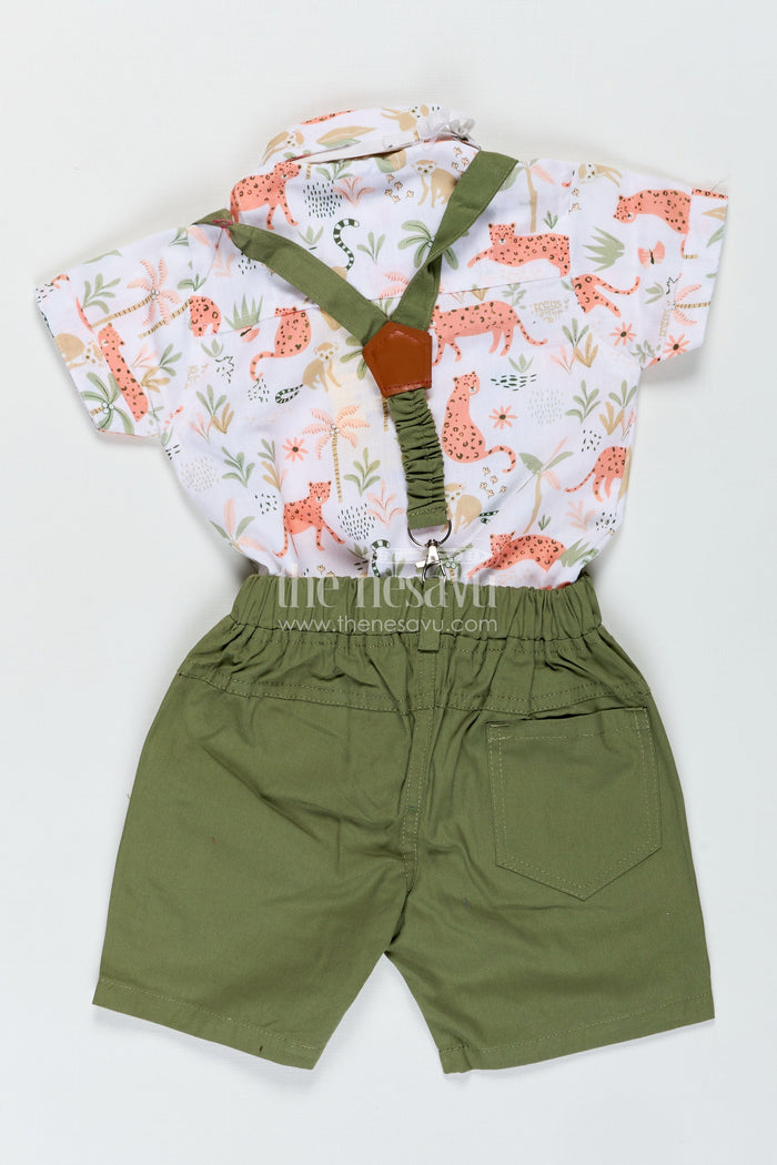 The Nesavu Boys Casual Set Animal Print Baby Boy Shirt with Olive Green Shorts and Matching Bow Tie for Smart Daywear Nesavu Nesavu Animal Print Baby Boy Shirt Set Olive Green Shorts Cotton Bow Tie
