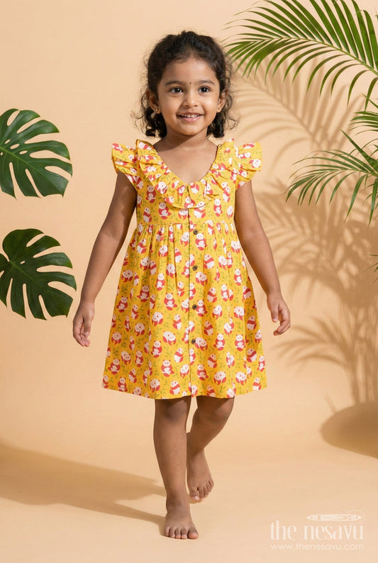 The Nesavu Girls Cotton Frock Animal Print Frock for Toddler Girls Ideal for Birthdays and Playdates Nesavu 18 (2Y) / YELLOW GFC1972A-18 Nesavu panda animal print frock toddler girls flutter sleeves parties everyday fun