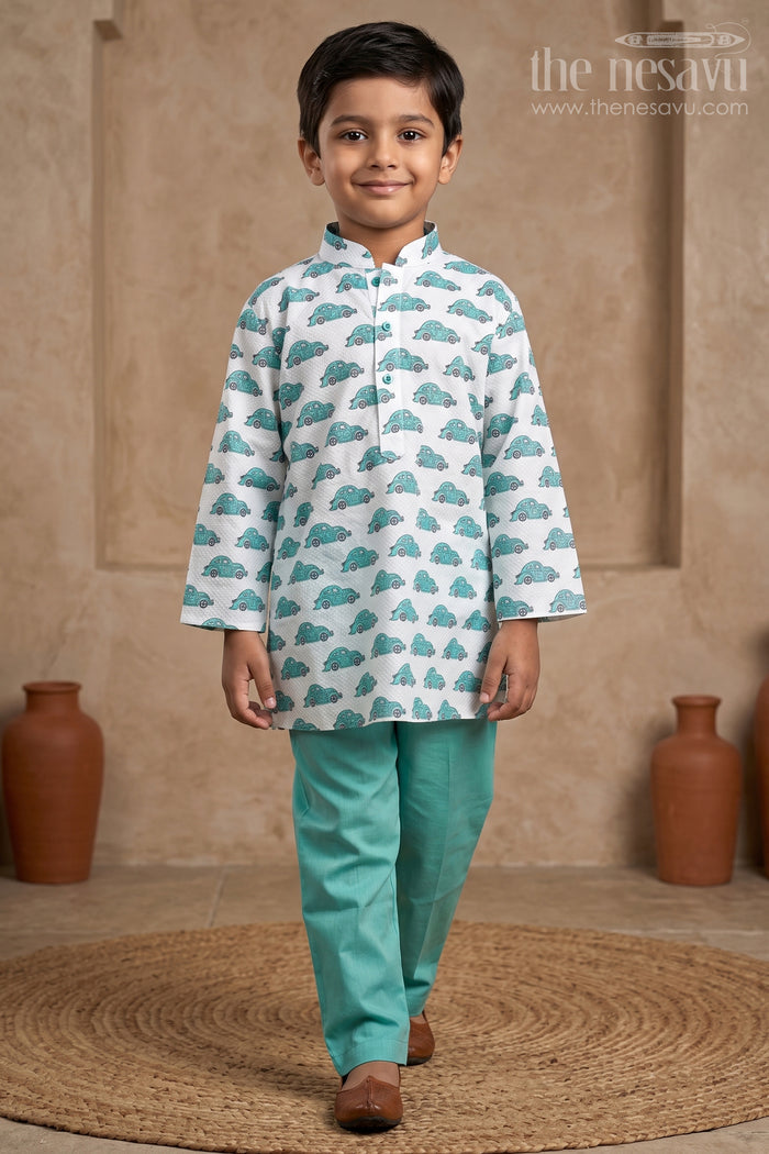 The Nesavu Boys Kurtha Set Aqua Blue Cotton Car Printed Play Wear Party Wear for Boys Nesavu 12 (3M) / Turquoise / Cotton BES209B-12 Cotton Printed Kurta Suit For Boys Online | The Nesavu