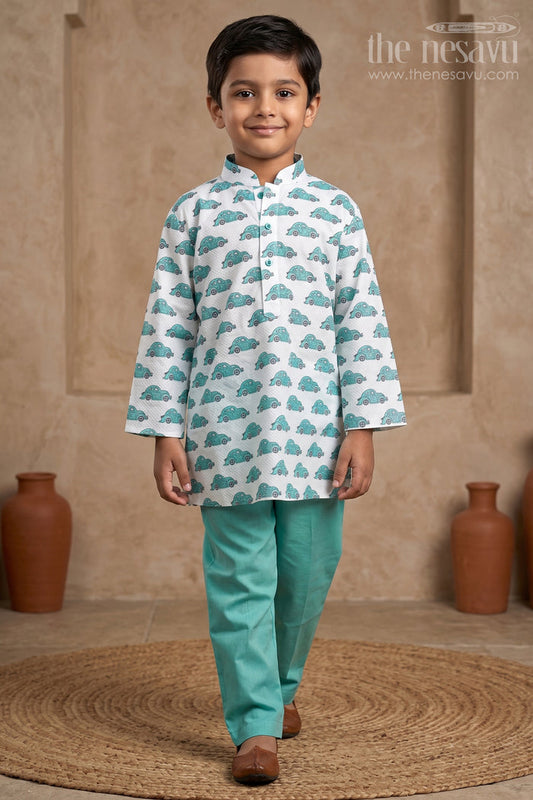 The Nesavu Boys Kurtha Set Aqua Blue Cotton Car Printed Play Wear Party Wear for Boys Nesavu 12 (3M) / Turquoise / Cotton BES209B-12 Cotton Printed Kurta Suit For Boys Online | The Nesavu