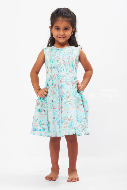 The Nesavu Girls Cotton Frock Aqua Floral Kids Pure Cotton Frock with Lace Trim Nesavu 16 (1Y) / Blue GFC1229A-16 Girls Summer Cotton Dress Essentials | Aqua Lace Trim Floral Frock | The Nesavu