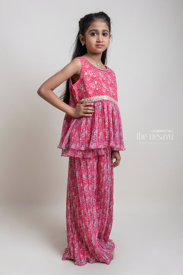 The Nesavu Girls Sharara / Plazo Set Attractive Pink Floral All Over Printed Tunic Top And Palazzo Suit For girls Nesavu Trendy Pink Palazzo Suit Set for Girls | New Fashion Dresses | The Nesavu